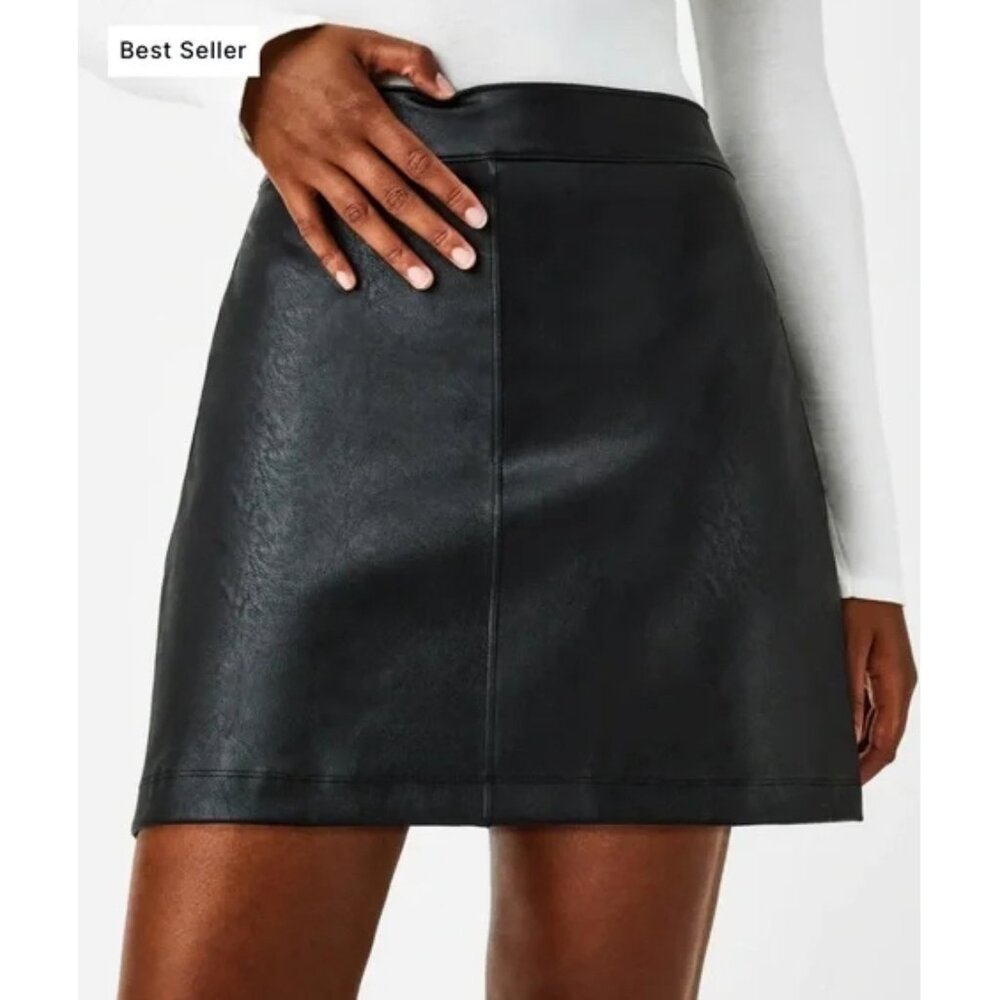 Spanx Leather-Like Mini Skirt Luxe Black A-Line Edgy Gothic Motorcycle Skorts 2X